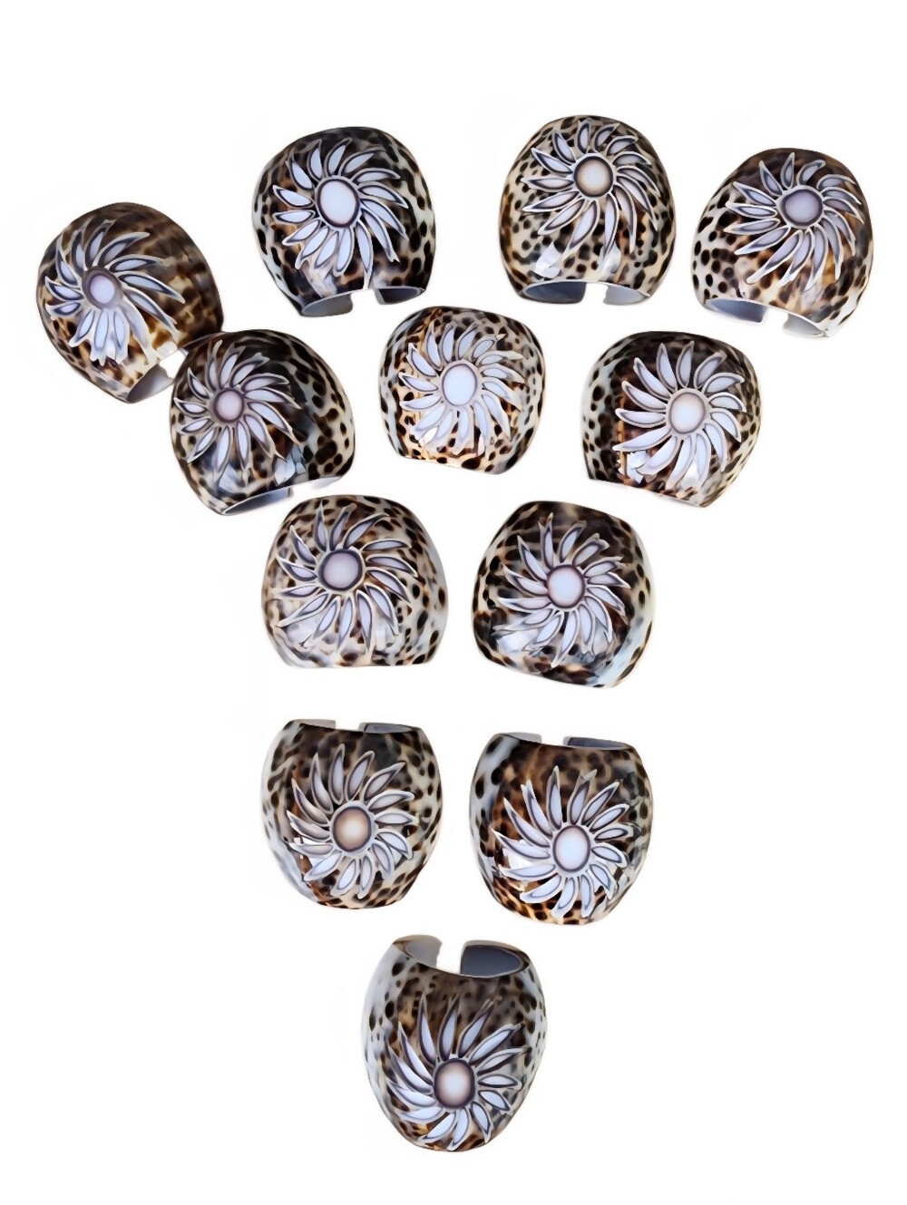 Vintage Cowrie Spotted Leopard Shell Napkin Rings Set Of 12 Carved Flower